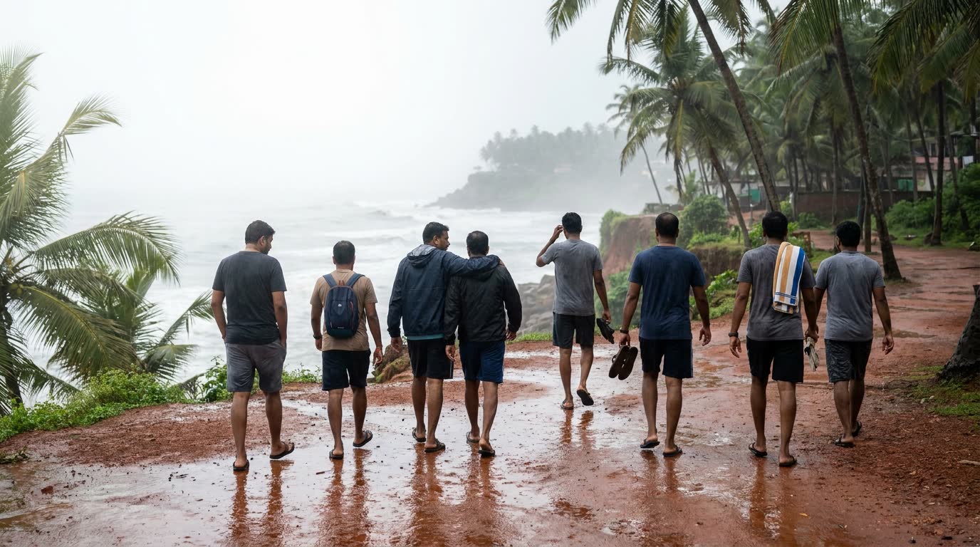 Eight friends walking together in Varkala rain